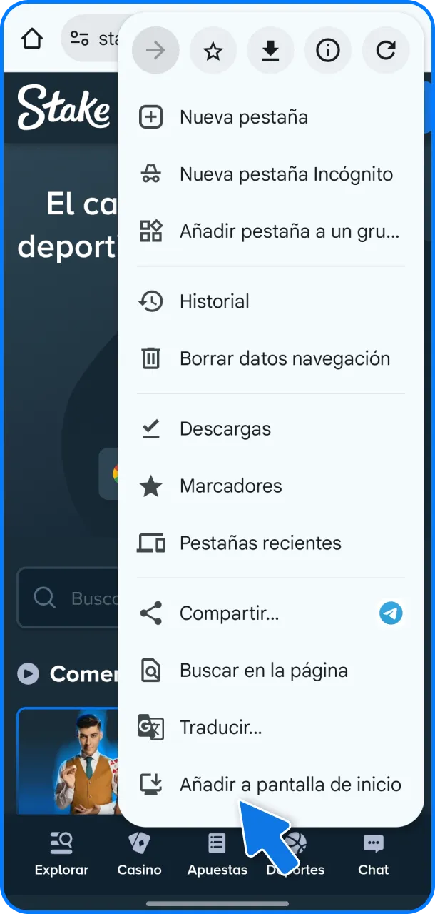 Desplegá el Menú Tres Puntos para configurar la App de Stake.