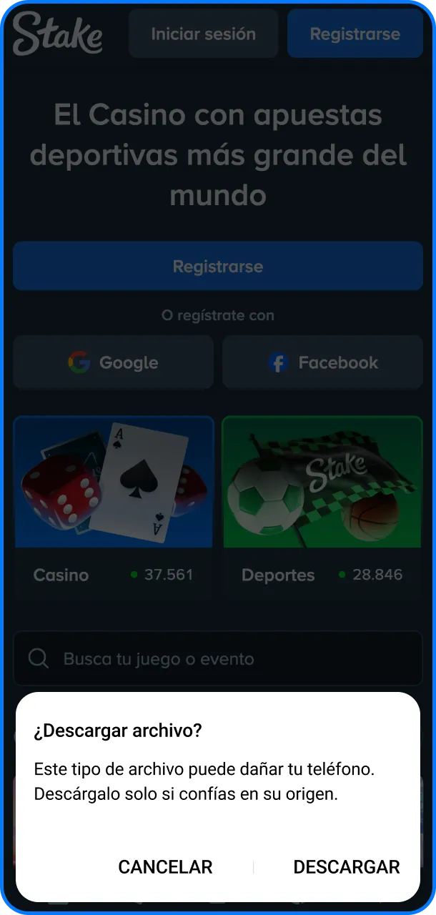 Iniciá el proceso para descargar APK de la App de Stake ahora.