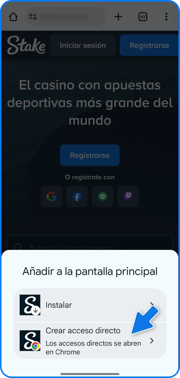 Seleccioná instalar aplicación para añadir la App de Stake a tu móvil.