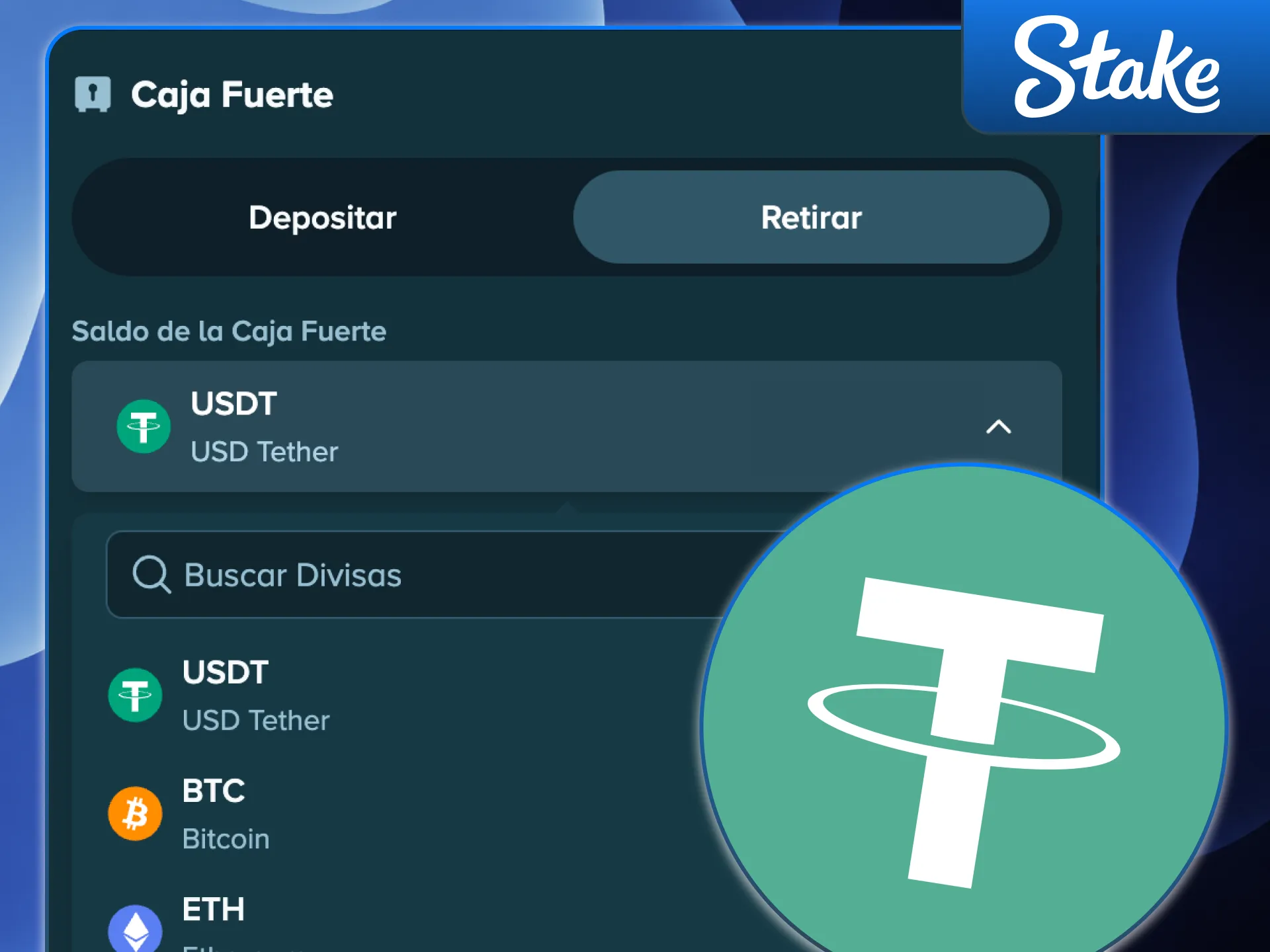 Realiza tu transferencia por red TRC20 para retirar fondos de Stake rápidamente.